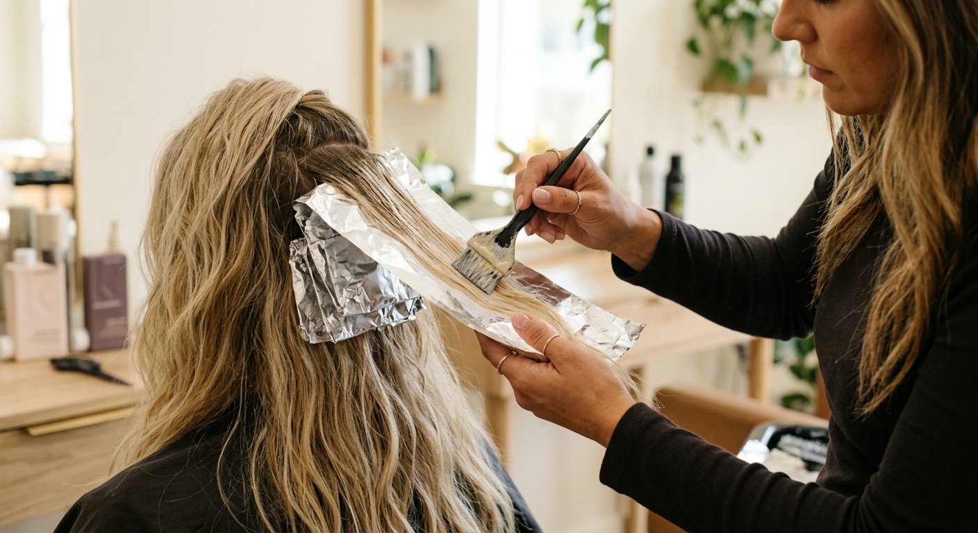 Frisör lägger balayage-färg med folie i långt blont hår
