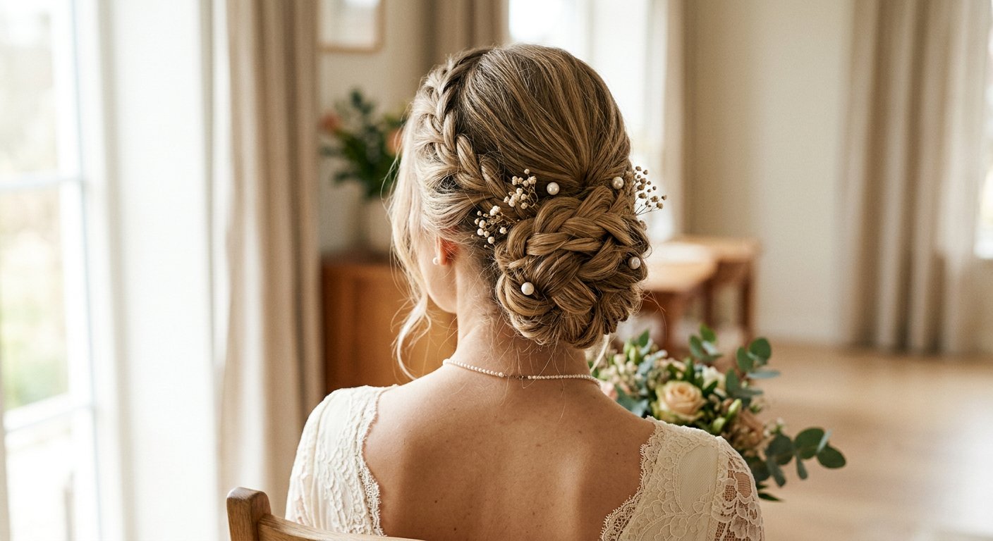Elegant bruduppsättning med flätad knut och pärlnålar, fotograferad bakifrån